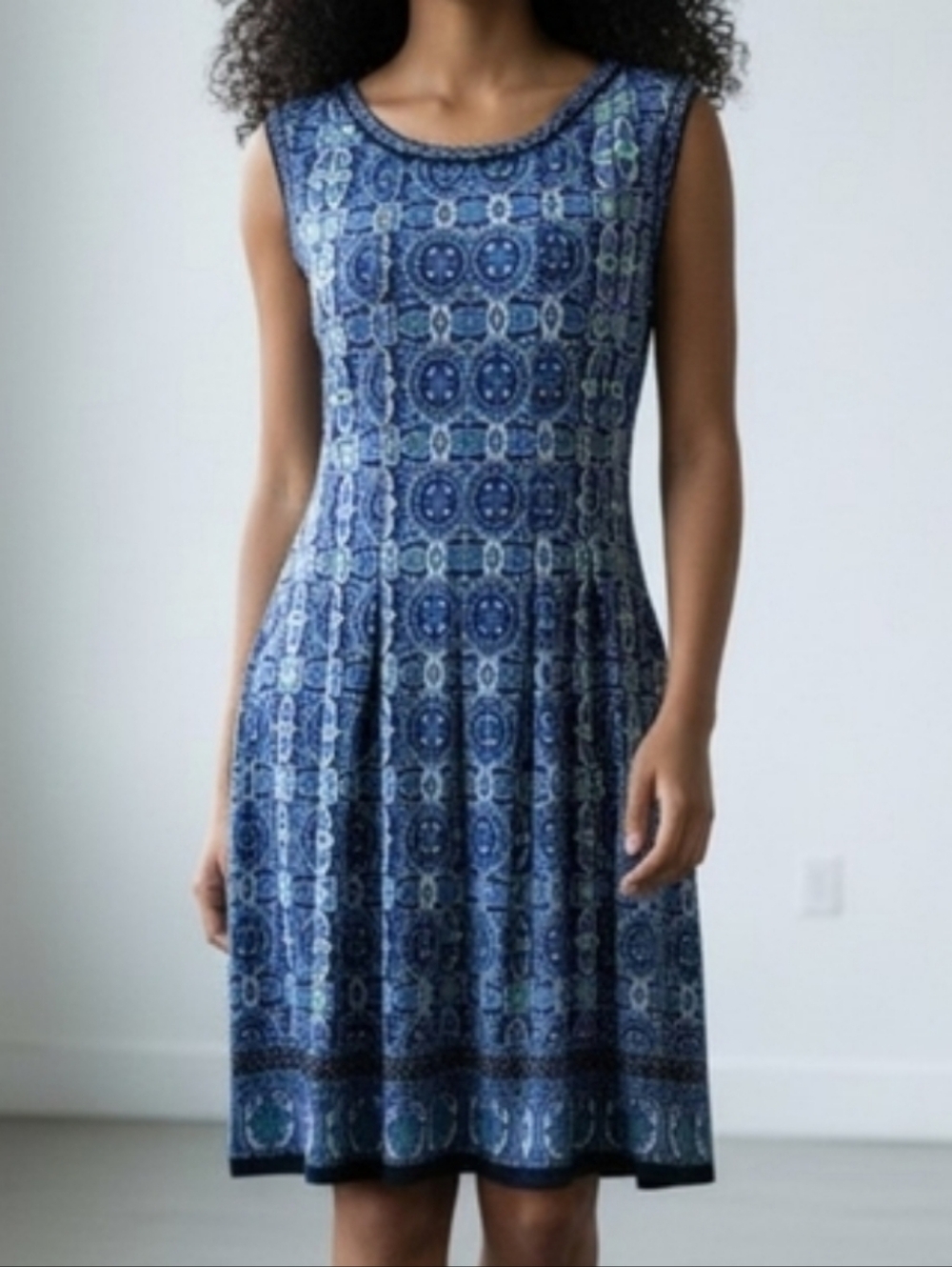 Max Studio Blue Printed Midi Fit-and-Flare Dress S